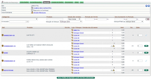 Pedido de reposição de estoque de lojas na versão 3.55