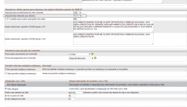 Aliquota do valor aproximado dos tributos de produtos na versão 5.39 do APLWeb