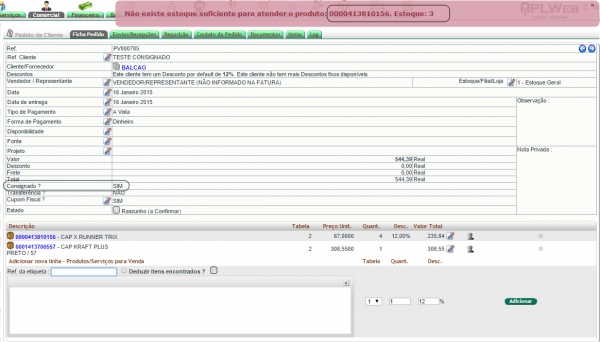 Ajuste no pedido consignado na crítica de estoque na versão 5.05 do APLWeb