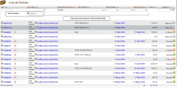 Selecionar Estoque/Filial/Loja na lista de pedidos na versão 3.68 do APLWeb