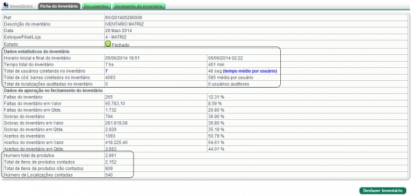 Dados estatísticos do inventário a cada movimento no APLWeb 3.61