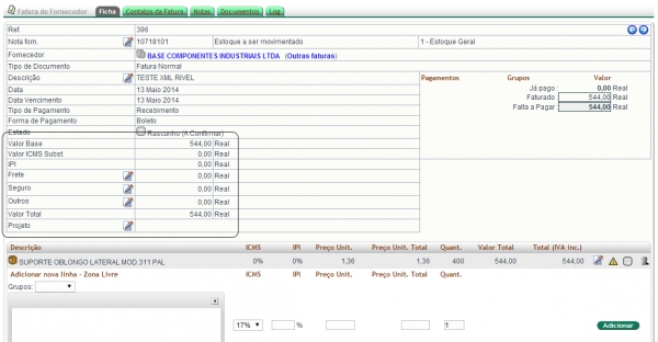 Gerando fatura de frete no recebimento da nota no APLWeb 3.58