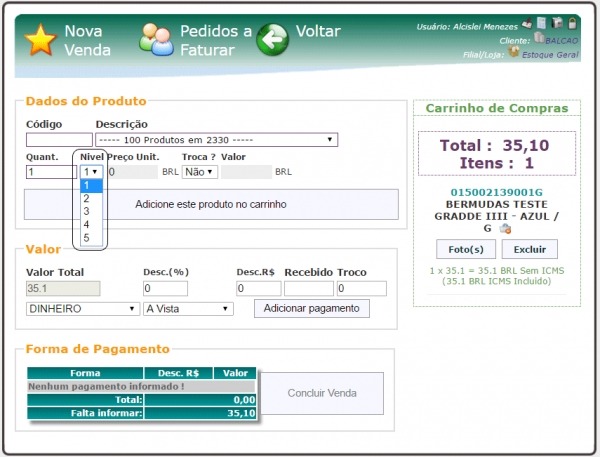 Selecionando o Nível de preços no PDV na versão 5.9 do APLWeb