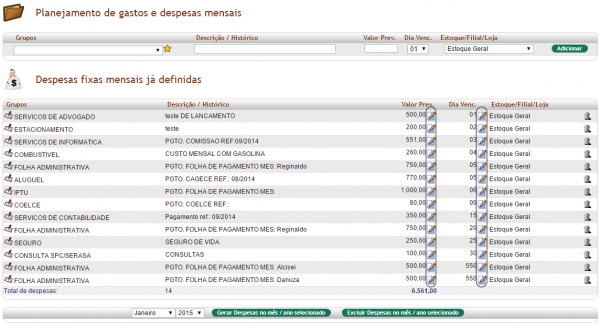 Editando valores e vencimentos no planejamento de despesas na versão 5.03